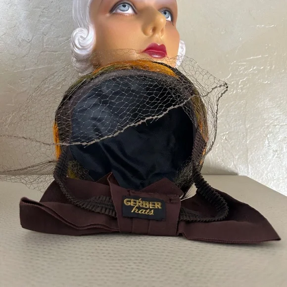 DEBONAIR 1930s' TILT HAT COVERED BY MULTICOLORED FEATHERS + BACK STRAP + VEIL
